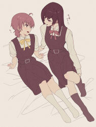 Rule 34 | 2girls, black dress, black hair, black socks, blush, bow, bowtie, brown eyes, commentary, dress, highres, koito yuu, lie lack1080, long hair, long sleeves, looking at another, multiple girls, nanami touko, on bed, open mouth, orange hair, pinafore dress, red bow, red bowtie, shirt, short twintails, sitting, sleeveless, sleeveless dress, sleeves rolled up, smile, socks, twintails, white shirt, white socks, yagate kimi ni naru, yellow bow, yellow bowtie, yuri