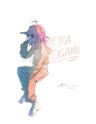 Rule 34 | 1girl, absurdres, ahoge, ap04astral, character name, copyright name, cropped hoodie, dated, highres, holding, holding removed eyewear, hood, hoodie, kogami akira, lucky star, midriff, pants, pink hair, round eyewear, shoes, simple background, sitting, sketch, sneakers, unworn eyewear, visor cap, white background, white shoes, yellow eyes, yellow hoodie, yellow pants