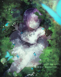 1girl blue_butterfly breasts bug bush butterfly closed_eyes commentary_request dappled_sunlight dress fate/stay_night fate_(series) heaven&#039;s_feel insect large_breasts long_hair matou_sakura murasaki_yuna outdoors purple_hair sitting smile solo sunlight watermark white_dress