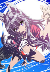 1girl animal_ears black_hair breasts cleavage commentary commentary_request delta_(kage_no_jitsuryokusha_ni_naritakute!) dog_ears dog_girl hair_between_eyes highres kage_no_jitsuryokusha_ni_naritakute! large_breasts legs long_hair multicolored_eyes nakanishi_kazuya out_of_frame solo very_long_hair