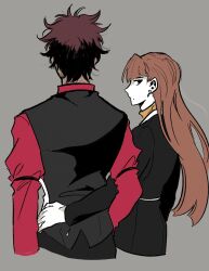 1boy 1girl ace_attorney bad_id bad_pixiv_id bite_mark black_suit black_vest brown_hair catuoon diego_armando formal_clothes grey_background hand_on_another&#039;s_waist highres long_hair mia_fey phoenix_wright:_ace_attorney_-_trials_and_tribulations red_shirt scarf shirt simple_background suit vest yellow_scarf