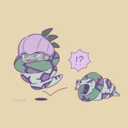 !? 1boy :d blush chibi commentary_request dark-skinned_male dark_skin earrings fang gen_8_pokemon green_eyes headband jewelry ketta437 male_focus nintendo open_mouth pokemon pokemon_(creature) pokemon_swsh purple_headband raihan_(pokemon) sandaconda signature smile yellow_background
