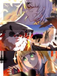 1boy 2girls animal_ears black_fur blonde_hair chinese_clothes closed_mouth commentary english_commentary fingerless_gloves furry furry_male gloves highres ju_fufu kirigayawin looking_to_the_side multicolored_fur multiple_girls one_eye_closed open_mouth pan_yinhu panda_boy panda_ears round_eyewear shirt smile sparkle sparkling_eyes tiger_ears white_fur white_hair wok yellow_shirt yi_xuan_(zenless_zone_zero) zenless_zone_zero
