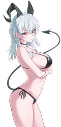 1girl absurdres arms_under_breasts bare_shoulders bikini black_bikini black_choker black_horns black_tail breasts choker closed_mouth collarbone commentary_request cowboy_shot crossed_arms curled_horns demon_tail from_side grey_hair hair_between_eyes highres horns korean_commentary large_breasts light_blush long_hair looking_at_viewer mole mole_on_breast mole_under_eye navel red_eyes seungju side-tie_bikini_bottom sideboob simple_background solo stomach swimsuit tail white_background wuthering_waves zani_(wuthering_waves)