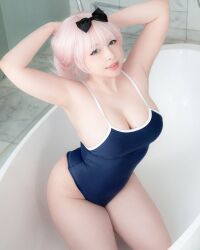 1girl armpits bathroom blue_eyes breasts cleavage cosplay cosplay_photo fujiwara_chika fujiwara_chika_(cosplay) kaguya-sama_wa_kokurasetai_~tensai-tachi_no_renai_zunousen~ large_breasts long_hair looking_at_viewer one-piece_swimsuit photo_(medium) pink_hair real_life sleeveless swimsuit yoshinobi_cos