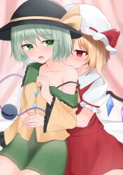 Rule 34 | 2girls, absurdres, armpit crease, arms around waist, bite mark, bite mark on breast, bite mark on shoulder, black hat, blonde hair, blood, blush, bow, breasts, buttons, clenched hand, collarbone, commentary request, commission, cowboy shot, crystal, curtains, dakuazu, diamond button, flandre scarlet, frilled shirt collar, frilled sleeves, frills, green eyes, green hair, green skirt, hand up, hat, hat bow, highres, hug, hug from behind, indoors, komeiji koishi, long sleeves, medium hair, mob cap, multiple girls, on bed, open mouth, pixiv commission, puffy short sleeves, puffy sleeves, red bow, red eyes, red skirt, red vest, shirt, short sleeves, single bare shoulder, skirt, slit pupils, small breasts, straight hair, strap slip, third eye, touhou, tsurime, vampire, vest, white hat, white shirt, wide sleeves, wings, yellow bow, yellow shirt, yuri