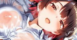 Rule 34 | 1girl, bed, bilingual commentary, black hair, breasts, breath, collared shirt, colored inner hair, commentary, commentary request, cropped, ear piercing, earclip, ellen joe, ellen joe (on campus), english commentary, from above, hair ornament, large breasts, looking at viewer, lying, mixed-language commentary, mole, mole under eye, multicolored hair, nipples, official alternate costume, on back, on bed, open mouth, orange eyes, paid reward available, partial commentary, piercing, pink hair, sharp teeth, shirt, short hair, solo, sweat, takashia (akimototakashia), teeth, upper teeth only, white shirt, zenless zone zero