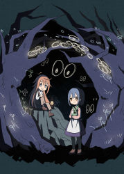 2girls :d aaaabo ahoge animal antenna_hair black_legwear blue_eyes blue_hair brown_eyes brown_footwear closed_mouth cosplay dress flip_flappers gretel gretel_(cosplay) grimm&#039;s_fairy_tales hair_between_eyes hair_ornament hairclip hansel hansel_(cosplay) hansel_and_gretel highres holding holding_animal kokomine_cocona lantern long_hair multiple_girls open_mouth orange_hair pantyhose papika_(flip_flappers) rabbit shoes short_hair sitting smile uexkull wavy_mouth
