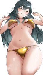 1girl absurdres bikini blush breasts breasts_apart commentary_request cowboy_shot dot_nose embarrassed gakuen_idolmaster gold_bikini green_eyes green_hair hair_between_eyes half-closed_eyes hands_up highres idolmaster long_hair looking_at_viewer medium_breasts micro_bikini navel o-ring o-ring_bottom parted_lips sidelocks simple_background solo ssa_tknh swimsuit thick_thighs thighs tsukimura_temari underboob wet white_background yellow_bikini