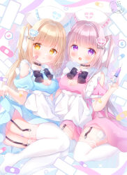 2girls :o apron bandaid bandaid_on_arm bandaid_on_face black_bow black_bowtie black_choker blonde_hair blue_bandaid blue_dress blush bow bowtie breasts choker cleavage_cutout clothing_cutout commentary_request dress garter_straps gauze gauze_on_thigh hair_ornament hair_ribbon hat heart heart_choker heart_cutout heart_hair_ornament highres holding holding_syringe lace lace-trimmed_legwear lace_trim long_hair looking_at_viewer medium_breasts multiple_girls no_shoes nurse nurse_cap omochi_monaka original paperclip_hair_ornament pill pink_dress pink_hair puffy_short_sleeves puffy_sleeves purple_eyes ribbon short_sleeves speech_bubble spoken_heart spoken_sweatdrop sweatdrop syringe thighhighs two_side_up very_long_hair waist_apron white_apron white_hat white_ribbon white_thighhighs yellow_bandaid yellow_eyes