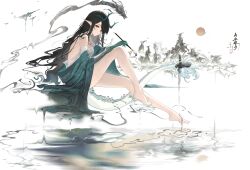 1girl arknights bare_legs bare_shoulders barefoot black_hair chinese_commentary closed_mouth colored_extremities commentary_request dragon dragon_girl dragon_horns dragon_tail dusk_(arknights) eastern_dragon full_body highres holding holding_paintbrush horns ink invisible_chair long_hair looking_at_viewer off_shoulder paintbrush pointy_ears profile sitting solo tail wangzili_shitoumen yellow_eyes