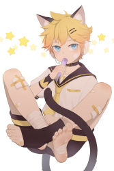 1boy absurdres animal_ear_fluff animal_ears bandaged_foot bandages bandaid bandaid_on_foot bandaid_on_leg bare_legs barefoot blonde_hair blue_eyes cat_boy cat_ears cat_tail choker eating feet foot_focus full_body hair_ornament hairclip highres kagamine_len kemonomimi_mode looking_at_viewer luye_yuan male_focus sailor_collar shorts simple_background soles solo star_(symbol) tail toes vocaloid white_background