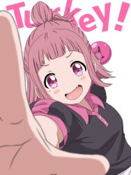 1girl :d ball biisuupaa black_shirt bowling_ball copyright_name foreshortening gloves highres medium_hair mole mole_under_eye open_mouth otonashi_mai pink_eyes pink_gloves pink_hair shirt short_sleeves single_glove smile solo turkey!_(series) upper_body white_background
