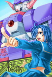 1girl :d blue_eyes blue_hair blue_shirt blue_skirt day himoo_yuina kirameki_high_school_uniform long_sleeves mecha nakaharaka open_mouth outdoors pointing robot school_uniform serafuku shirt skirt smile tokimeki_memorial tokimeki_memorial_1