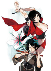 2girls akemi_(red_ninja:_end_of_honor) black_hair blue_eyes breasts breasts_apart brown_hair choker cleavage closed_eyes d.k dual_persona japanese_clothes kimono kodachi kunai kurenai_(red_ninja:_end_of_honor) large_breasts looking_at_viewer multiple_girls ninja no_bra obi official_art panties red_ninja:_end_of_honor sash short_hair short_kimono short_sword simple_background sword underwear weapon white_background