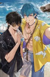 2boys absurdres black_hair black_shirt blue_hair bottle brant_(wuthering_waves) collarbone commentary cup disposable_cup english_commentary grin hair_between_eyes hand_in_pocket highres holding holding_bottle holding_cup jewelry looking_at_viewer male_focus male_rover_(wuthering_waves) male_swimwear multicolored_hair multiple_boys navel necklace official_alternate_costume open_clothes open_shirt outdoors purple_eyes ramune rock rover_(wuthering_waves) secretfj520 shirt short_hair smile stomach streaked_hair sunglasses tacet_mark_(wuthering_waves) toned toned_male water wet wuthering_waves yellow_eyes yellow_shirt