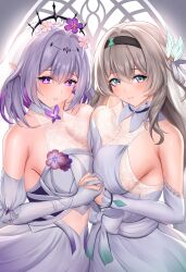 2girls absurdres bare_shoulders black_hairband blush breasts brown_eyes bug butterfly castorice_(honkai:_star_rail) cleavage detached_collar detached_sleeves dress elbow_gloves firefly_(honkai:_star_rail) flower gloves hair_flower hair_ornament hairband highres holding_hands honkai:_star_rail honkai_(series) insect large_breasts long_hair looking_at_viewer multiple_girls purple_eyes purple_hair see-through_cleavage see-through_clothes shouhaku0512 smile tiara wedding_dress white_dress