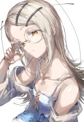 1girl absurdres blonde_hair blue_shorts camisole chidawadachi closed_mouth colored_eyelashes flipped_hair gakuen_idolmaster glasses hair_ornament hairclip highres idolmaster long_hair looking_at_viewer orange_eyes parallel_hairclips parted_bangs shinosawa_hiro short_shorts shorts simple_background smile solo white_background white_camisole