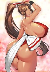 1girl absurdres arm_up ass back back_bow bare_arms bare_shoulders bow breasts brown_eyes brown_hair commentary cowboy cowboy_western curvy dark-skinned_female dark_skin english_commentary fatal_fury folded_fan folding_fan from_behind gurimjang halterneck hand_fan high_ponytail highres holding holding_fan huge_breasts japanese_clothes legs_together long_hair looking_at_viewer mixed-language_commentary motoyui ninja no_bra obi pink_lips ponytail revealing_clothes sash shiny_skin shiranui_mai sideboob smile solo tassel the_king_of_fighters thick_thighs thighs thong turning_around variant_set very_long_hair western white_bow wide_hips wrist_guards