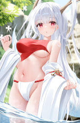 1girl absurdres azur_lane bare_shoulders breasts day detached_sleeves dragon_girl dragon_horns dragon_tail expressionless from_below fundoshi hair_on_horn hand_up highres horns japanese_clothes long_hair looking_at_viewer looking_down medium_breasts navel outdoors proverbs_zhenyan red_eyes shimanto_(azur_lane) shimanto_(the_relaxing_dragon_god)_(azur_lane) solo standing stomach tail underboob very_long_hair wading wet white_hair wide_sleeves