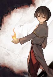 Rule 34 | 1boy, arm behind back, belt, black belt, brown eyes, brown hair, burned paper, capelet, closed mouth, coat, feet out of frame, fire, gold trim, hair between eyes, highres, jabuchi you, maican guanjun, male focus, pants, pyrokinesis, red pants, saibou shinkyoku, short hair, side slit, solo, white capelet, white coat