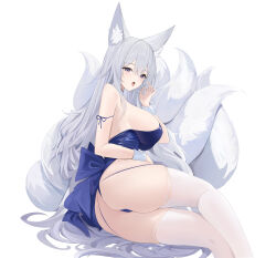 1girl absurdres animal_ears ass azur_lane blue_eyes blue_garter_straps blue_leotard breasts collar commentary fake_animal_ears fellatio_gesture fox_ears fox_girl fox_tail highres kitsune kuyoumi kyuubi large_breasts large_tail leotard long_hair looking_at_viewer multiple_tails official_alternate_costume playboy_bunny shinano_(azur_lane) shinano_(visions_of_fantasy)_(azur_lane) simple_background solo tail thighhighs undersized_breast_cup very_long_hair white_background white_collar white_hair white_tail white_thighhighs white_wrist_cuffs wrist_cuffs