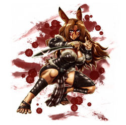 10s 1girl animal_ears armor barefoot blood blood_splatter brown_eyes brown_hair delilah_(gate) female_focus fighting_stance full_body fur fur_trim gate_-_jieitai_ka_no_chi_nite_kaku_tatakaeri gradient_background jpeg_artifacts long_hair looking_at_viewer rabbit_ears rabbit_tail sao_satoru solo spoilers squatting sword tail toes weapon