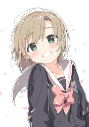 Rule 34 | 1girl, blue cardigan, blue eyes, blush, bow, bowtie, brown hair, cardigan, falling petals, grin, idolmaster, idolmaster cinderella girls, kuresuku (lessons), long sleeves, looking at viewer, medium hair, parted bangs, petals, pink bow, pink bowtie, pink petals, sailor collar, smile, solo, tada riina, upper body, white background, white sailor collar