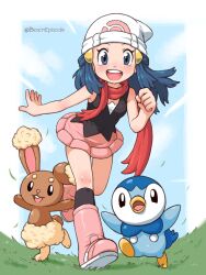 1girl :d beachepisode black_shirt black_socks blue_eyes blue_hair boots buneary commentary dawn_(pokemon) full_body gen_4_pokemon grass hair_ornament hairclip hat highres kneehighs looking_at_viewer nintendo open_mouth pink_boots pink_skirt piplup pokemon pokemon_(anime) pokemon_(creature) pokemon_dppt_(anime) red_scarf scarf shirt skirt sleeveless sleeveless_shirt smile socks symbol-only_commentary teeth twitter_username upper_teeth_only white_hat