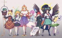 6+girls :d alcohol ankle_boots aura biting black_footwear black_hair blonde_hair blue_eyes boots bow breasts bucket caution cuffs cup dark_aura dress frown geta green_eyes green_hair grey_background hair_bow hajin heart heart_of_string high_heels horns hoshiguma_yuugi in_bucket in_container jealous kaenbyou_rin kisume knee_boots komeiji_koishi komeiji_satori kurodani_yamame large_breasts lineup looking_at_viewer mizuhashi_parsee multiple_girls one_eye_closed open_mouth pointy_ears purple_hair radiation_symbol red_eyes red_hair reiuji_utsuho sakazuki sake shackles short_hair silver_hair single_horn skirt smile socks subterranean_animism third_eye biting_own_thumb touhou wheelbarrow