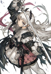 1girl absurdres arknights arm_up bandolier belt black_gloves black_shirt capelet closed_mouth commentary_request earrings feet_out_of_frame floating_hair from_above gloves grey_eyes grey_hair gun hair_ornament handgun head_wings highres holding holding_sword holding_weapon holstered irene_(arknights) jewelry leggings long_hair long_sleeves looking_at_viewer looking_back looking_up multicolored_skirt partial_commentary pink_pupils pink_sash pink_skirt puffy_long_sleeves puffy_sleeves quilted_clothes rapier revision revolver sash scar scar_across_eye scar_on_face serious sheath shirt shoulder_pads simple_background skirt sleeve_cuffs solo sword thick_eyebrows weapon white_background white_capelet white_leggings white_skirt wings yanyan_(shinken_gomi)