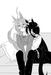 2girls absurdres agnes_tachyon_(umamusume) ahoge animal_ears arms_around_waist arms_between_legs bad_id bad_pixiv_id blush bra_strap breasts chemical_structure closed_eyes closed_mouth couch crossed_bangs ear_tag earrings expressive_hair frilled_shirt frills gachitamago hair_between_eyes highres horse_ears horse_girl horse_tail hug jewelry kiss kissing_neck long_bangs long_hair long_hair_between_eyes long_sleeves manhattan_cafe_(umamusume) medium_hair multicolored_hair multiple_girls neck neck_ribbon off-shoulder_shirt off_shoulder on_couch pants ribbon shirt single_earring sitting skirt sweatdrop tail umamusume very_long_hair yuri
