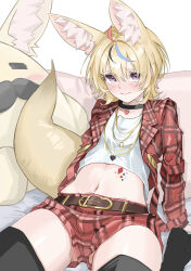 1girl 9tk9m ahoge animal_ear_fluff animal_ears belt black_hair blonde_hair blue_hair blush choker commentary extra_ears fox_ears fox_girl fox_tail gluteal_fold hair_between_eyes heart highres hololive jacket legs_apart long_sleeves looking_at_viewer midriff multicolored_hair navel official_alternate_costume omaru_polka omaru_polka_(5th_costume) pink_hair plaid_clothes plaid_jacket plaid_shorts purple_eyes shirt short_hair shorts smile solo stomach streaked_hair stuffed_animal stuffed_toy tail thighhighs thighs virtual_youtuber white_shirt zain_(omaru_polka)