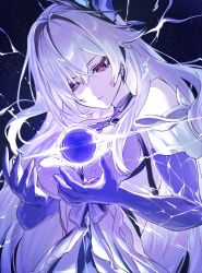 Rule 34 | 1girl, bare shoulders, breasts, butterfly hair ornament, closed mouth, colored skin, detached sleeves, dress, expressionless, genshin impact, grey hair, hair between eyes, hair ornament, highres, ikasoba, long hair, medium breasts, pink eyes, skirk (genshin impact), solo, upper body, very long hair