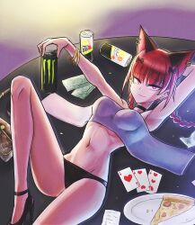 1girl animal_ear_piercing animal_ears arm_behind_head armpits bag bandeau bangle banknote beer_can black_bow black_choker black_footwear black_panties bow bracelet braid breasts can card cat_ears cat_girl choker closed_mouth commentary_request cookie_(touhou) drink_can earrings extra_ears food foot_out_of_frame hair_bow handbag high_heels jewelry jgknskdcfwnmnk_(cookie) jigoku_no_soko_de_coffee_wo_nomu_neko kaenbyou_rin looking_at_viewer lying medium_breasts money monster_energy on_back panties pizza pizza_slice playing_card red_hair smile smug solo strong_zero stud_earrings touhou twin_braids underwear unworn_bandeau white_bandeau