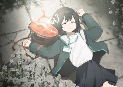 1girl black_hair black_skirt closed_eyes closed_mouth collared_shirt commentary_request cowboy_shot drone facing_viewer flower from_above green_jacket hair_ribbon hands_up id_card jacket lanyard long_sleeves lost_property_control_organization_(samidare) lying on_back on_ground open_clothes open_jacket pleated_skirt protagonist_(lost_property_control_organization) ribbon samidare_(hoshi) shirt short_hair skirt solo t-6407j_(samidare) tile_floor tiles unconscious white_flower white_ribbon white_shirt