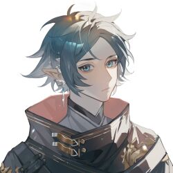 Rule 34 | 1boy, arknights, blue eyes, chinese commentary, closed mouth, commentary request, earrings, expressionless, grey hair, high collar, highres, jewelry, light particles, male focus, parted bangs, portrait, short hair, simple background, solo, white background, xialiangsang, zuo le (arknights)