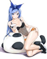1girl bae_minah_(chaesu) bare_legs bare_shoulders black_shoes blue_eyes blue_hair blue_hairband blush breasts chaesu cleavage collarbone commentary covered_navel english_commentary full_body hair_between_eyes hairband hand_on_own_thigh hand_up highres holding legs leotard long_hair looking_at_viewer medium_breasts original playstation_controller shadow shoes simple_background sneakers socks solo stuffed_animal stuffed_panda stuffed_toy very_long_hair white_background white_socks