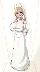 1futa animal_ears bare_shoulders blue_archive blush breasts bridal_gauntlets bridal_veil brown_hair brown_halo cleavage dress fake_animal_ears full_body futanari glasses halo hand_on_own_chest highres large_breasts liveactors looking_at_viewer moe_(blue_archive) open_mouth penis rabbit_ears round_eyewear smile solo standing twintails veil wedding_dress white_dress yellow_eyes