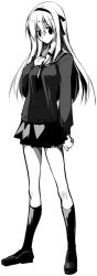 10mo 1girl arms_behind_back blush bow bowtie female_focus full_body greyscale kneehighs loafers looking_at_viewer miniskirt monochrome pleated_skirt school_uniform serafuku shoes sidelocks simple_background skirt socks solo standing white_background