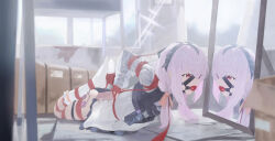 1girl 240mmap ammunition_pouch atsuko_(blue_archive) bdsm black_panties blue_archive bondage bound bulletproof_vest dress drooling egg_vibrator frilled_socks frills gag gag_harness gagged highres hogtie long_hair looking_at_mirror low_twintails mirror panties pink_hair pouch red_eyes restrained sex_toy shibari shibari_over_clothes sidelocks skindentation socks solo thigh_strap twintails underwear very_long_hair vibrator white_dress white_socks