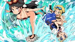 4girls alice_margatroid alternate_costume android bandaid bandaid_on_face bandaid_on_nose big_roach_(cookie) bikini black_bow black_hair blonde_hair blue_dress blush bow braid breasts bug burn_scar cleavage cockroach commentary_request cookie_(touhou) dress faceless faceless_female fallout flat_chest freckles full_body ghoul_(fallout) goggles goggles_on_head gram_9 green_eyes green_hair hair_bow hakurei_reimu highres insect kirisame_marisa kochiya_sanae large_breasts lemi_(cookie) long_hair looking_at_viewer looking_down multiple_girls open_mouth red_bikini scar short_hair side_braid single_braid socha_(cookie) stitches surfing swimming swimsuit touhou water waves yuki_haruka zakuro_ishi