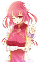 1girl breasts facominn highres ibaraki_kasen large_breasts looking_at_viewer one_eye_closed pink_eyes pink_hair scolding solo tabard touhou white_background