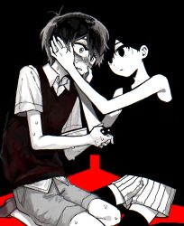 2boys antenna_hair black_eyes black_hair black_sweater_vest black_thighhighs brown_shorts closed_mouth collared_shirt colored_skin dual_persona expressionless highres holding holding_knife knife looking_at_another male_focus multiple_boys nervous_sweating omori omori_(omori) parted_lips rou_(h_s_sinrin) seiza shirt short_hair short_sleeves shorts sitting striped_clothes striped_shorts sunny_(omori) sweat sweater_vest thighhighs vertical-striped_clothes vertical-striped_shorts white_shirt white_shorts white_skin