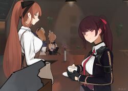 4girls apron bar_(place) black_gloves black_jacket black_ribbon blonde_hair blue_bow bow bowtie braid breasts brown_apron cafe centaureissi_(girls&#039;_frontline_2) closed_mouth coffee coffee_mug collared_shirt commentary corset cup flower g36_(girls&#039;_frontline) girls&#039;_frontline girls&#039;_frontline_2:_exilium gloves green_eyes green_hair hair_ribbon half_up_braid highres indoors jacket large_breasts light_blush light_smile long_sleeves looking_at_viewer maid_headdress makiatto_(girls&#039;_frontline_2) mug multicolored_hair multiple_girls orange_hair pitcher_(container) ponytail profile purple_corset purple_eyes purple_hair red_ribbon ribbon rzk_iii sharkry_(girls&#039;_frontline_2) shirt side_ponytail springfield_(girls&#039;_frontline) streaked_hair symbol-only_commentary wa2000_(girls&#039;_frontline) walkie-talkie white_shirt