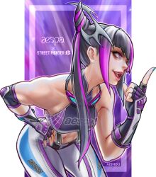 1girl absurdres aespa ai_shou artist_name blue_nails commentary copyright_name english_commentary fingerless_gloves gloves hair_horns han_juri highres index_finger_raised letterboxed mixed-language_commentary navel solo spider_web_print street_fighter street_fighter_6