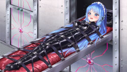 Rule 34 | 1girl, absurdres, arms at sides, bdsm, blue eyes, blue hair, blush, breasts, collar, commentary request, flying sweatdrops, highres, immobilization, large breasts, latex, leno^a^, lock, long hair, lying, maid headdress, nervous, on back, original, padlock, padlocked collar, shiny clothes, sleepsack, variant set, very long hair, zipper