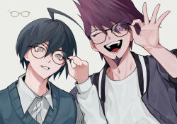 2boys ahoge bespectacled blue_hair blue_sweater collared_shirt commentary danganronpa_(series) danganronpa_v3:_killing_harmony facial_hair gaba33 glasses goatee grin highres jacket long_sleeves looking_at_viewer male_focus momota_kaito multiple_boys open_mouth purple_eyes purple_hair purple_jacket saihara_shuichi shirt signature simple_background smile spiked_hair sweater sweater_vest symbol-only_commentary teeth tongue upper_body white_background white_shirt yellow_eyes