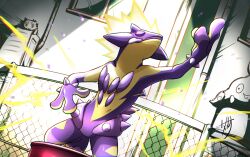 arm_up chain-link_fence closed_eyes commentary_request drainpipe electricity fence gen_5_pokemon gen_8_pokemon joltik kneeling nintendo pokemon pokemon_(creature) skarameru solo_focus tongue tongue_out toxtricity toxtricity_(amped) trubbish window