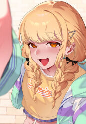 1girl absurdres arm_up black_bow blonde_hair blue_skirt blush bow braid fang foreshortening fujita_kotone gakuen_idolmaster hair_bow highres idolmaster jacket long_hair looking_at_viewer miya_xx2 multicolored_jacket open_clothes open_jacket plaid_clothes plaid_skirt pleated_skirt shirt skin_fang skirt smile solo twin_braids yellow_shirt